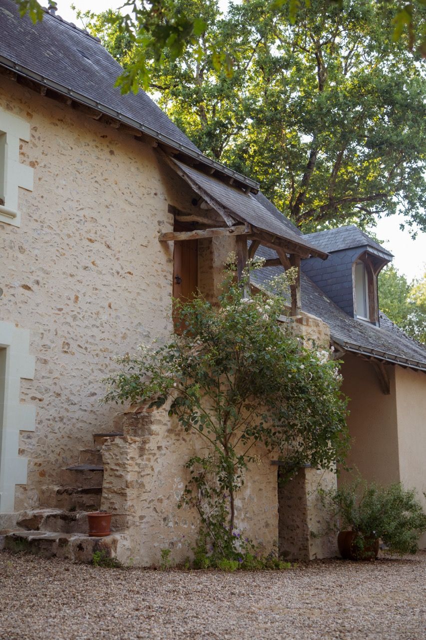 L'escalier de pierre extérieur du Logis et ses rosiers